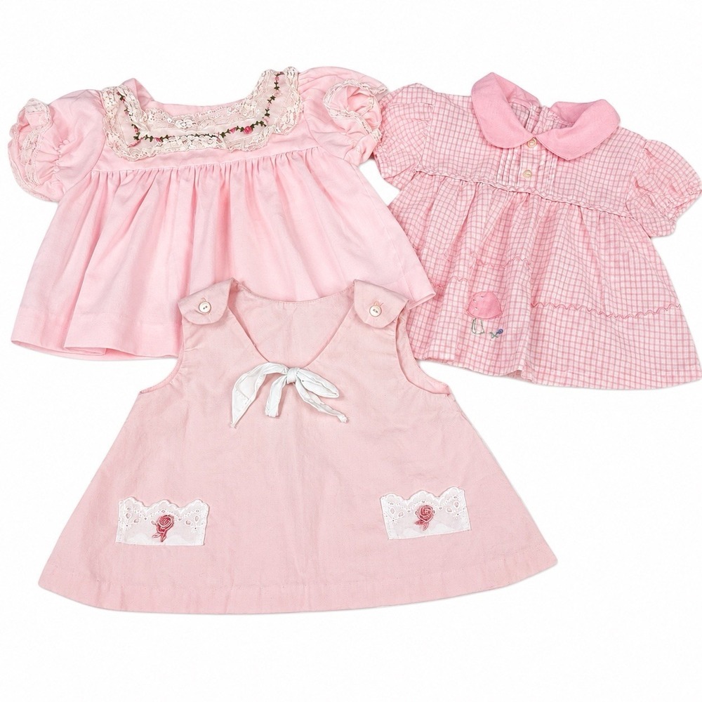 Primitive Dress Girls 0-3M Pink‎ Gingham Peter Pan Collar Embroidered Mushroom